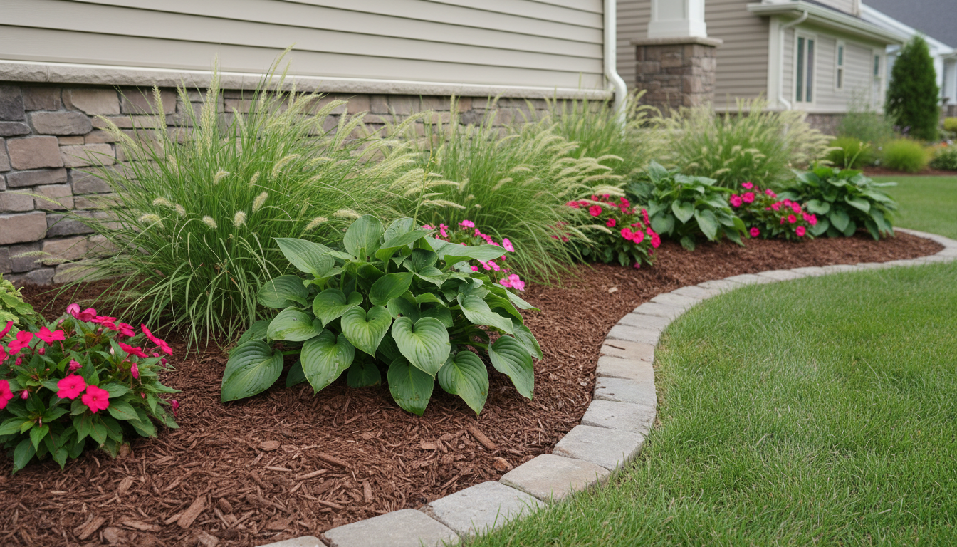A freshly edged and mulched landscape bed, filled with billowing ornamental grasses, glossy green hostas, and clusters of fuchsia impatiens. The bed’s dark brown mulch contrasts vividly with the vibrant plant colors, neatly separated from the lush lawn by a smooth, natural stone border. The bed curves along the facade of a simple, elegant residential building with tan siding and a stone veneer. Soft overcast daylight gently diffuses across the scene, bringing out rich earth tones and softening shadows for a serene effect. Shot from a close, eye-level angle with wide framing, the image has crisp foreground detail and a sense of depth. The mood is tranquil and polished, expressed through photographic realism with a clean, inviting aesthetic—ideal for showcasing bed installations and transformation.