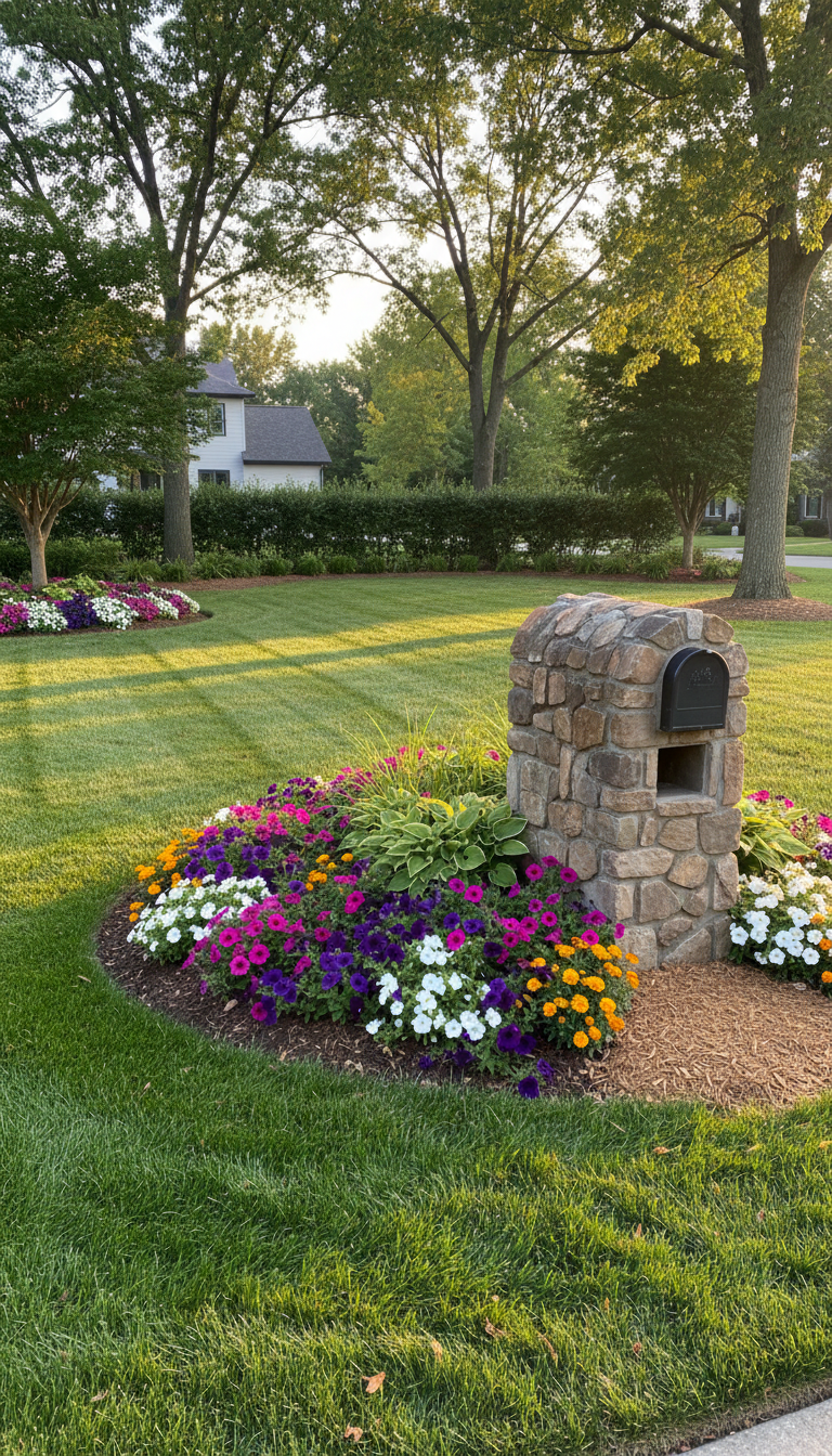 A perfectly manicured, lush green lawn bordered by crisp mulched flower beds with vibrant seasonal blooms—petunias, marigolds, and hostas—framing the space. A custom-built stone mailbox, sturdy and elegant, rises at the corner, surrounded by fresh wood chips. The setting is a spacious, sunlit suburban front yard, flanked by tall shade trees and trimmed hedges. Soft golden hour sunlight bathes the scene, casting long gentle shadows and highlighting the rich textures of grass, stone, and mulch. Captured from a slightly elevated, wide-angle perspective with sharp focus and natural depth, the image imparts a calm, inviting mood. The style is photographic realism with a clean, fresh, and welcoming feel, perfectly evoking a professional landscaping transformation.