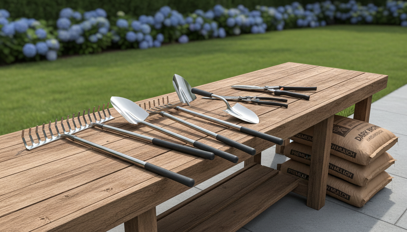 A robust, weathered wooden workbench surrounded by an assortment of landscaping and cleanup tools—gleaming stainless steel rakes, shovels, pruners, and neatly stacked bags of fresh mulch. The workbench rests at the edge of a tidy backyard, with freshly re-edged grass and a row of flowering hydrangeas in the background. Overhead, diffused midday light highlights the textures of wood grain, metal, and natural mulch, with shadows lending depth around the tool handles. The camera angle is eye-level, focused squarely on the workbench and tools, with a shallow depth of field rendering the background softly blurred. The mood is energetic and hands-on, reflecting pride in craftsmanship, and the image style is clean, organized, and professional—ideal for illustrating the company’s reliable, detail-oriented service.
